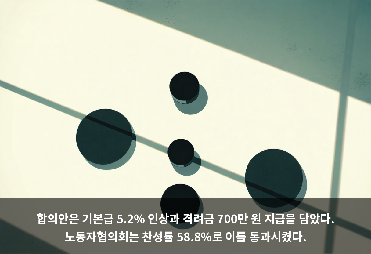 합의안은 기본급 5.2% 인상과 격려금 700만 원 지급을 담았다. 노동자협의회는 찬성률 58.8%로 이를 통과시켰다.