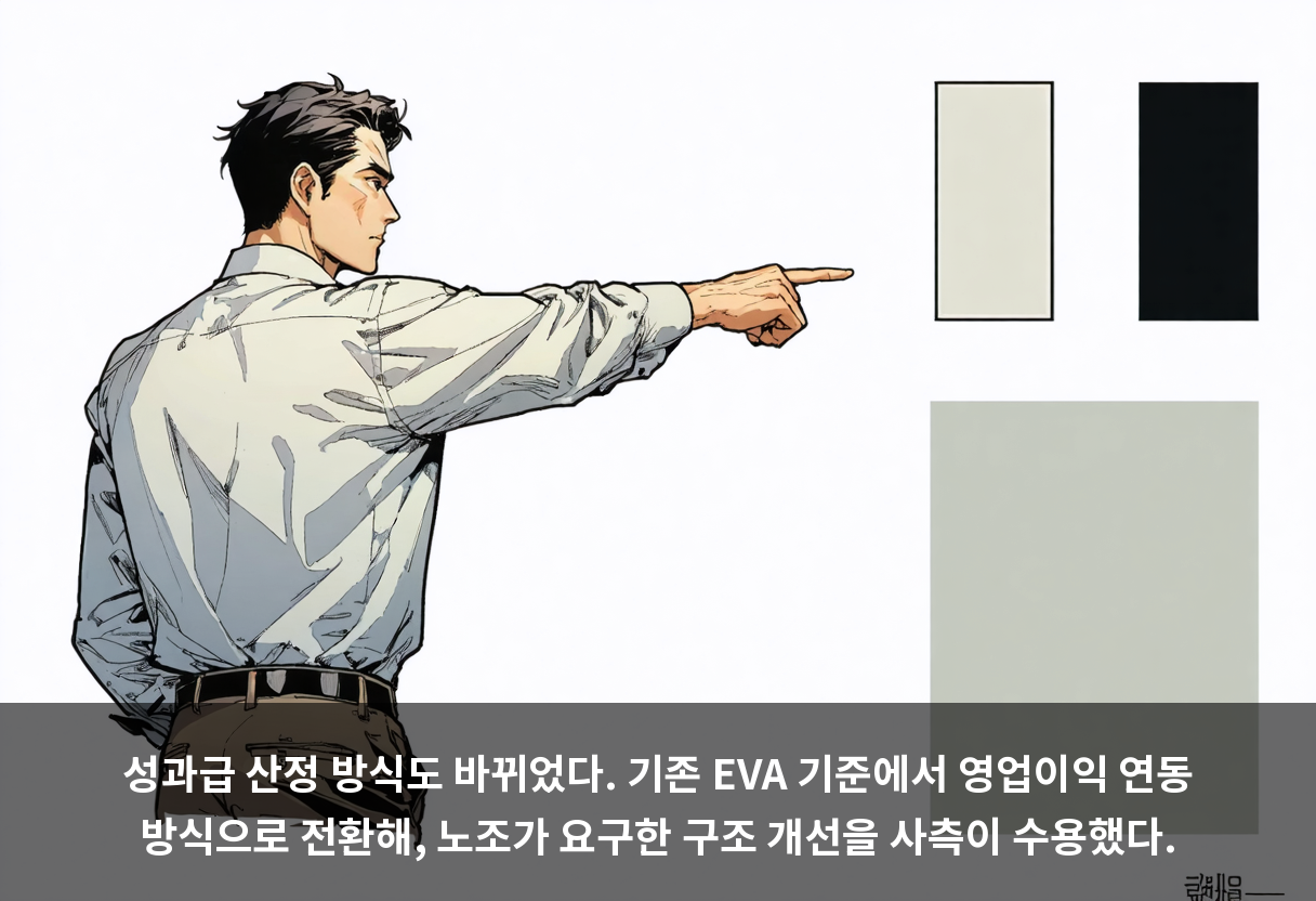 성과급 산정 방식도 바뀌었다. 기존 EVA 기준에서 영업이익 연동 방식으로 전환해, 노조가 요구한 구조 개선을 사측이 수용했다.
