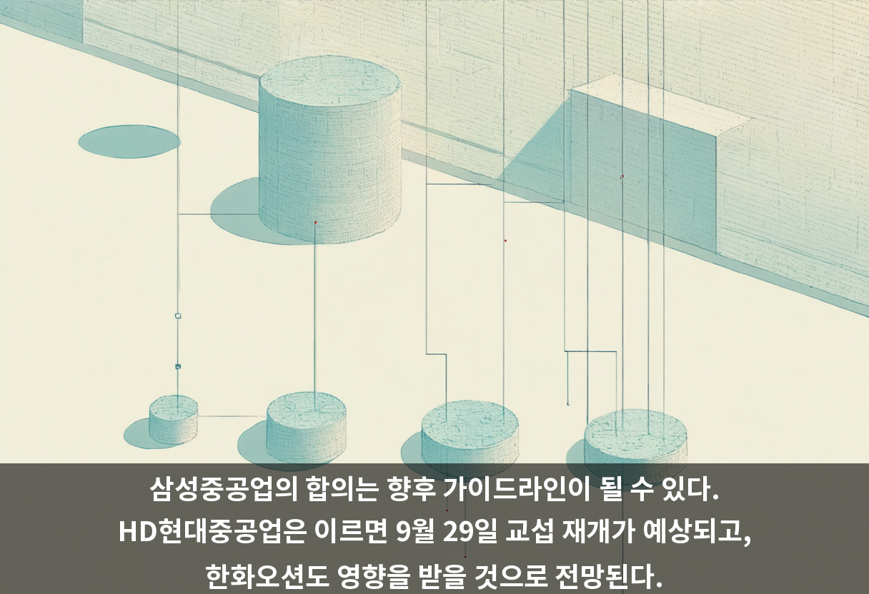 삼성중공업의 합의는 향후 가이드라인이 될 수 있다. HD현대중공업은 이르면 9월 29일 교섭 재개가 예상되고, 한화오션도 영향을 받을 것으로 전망된다.