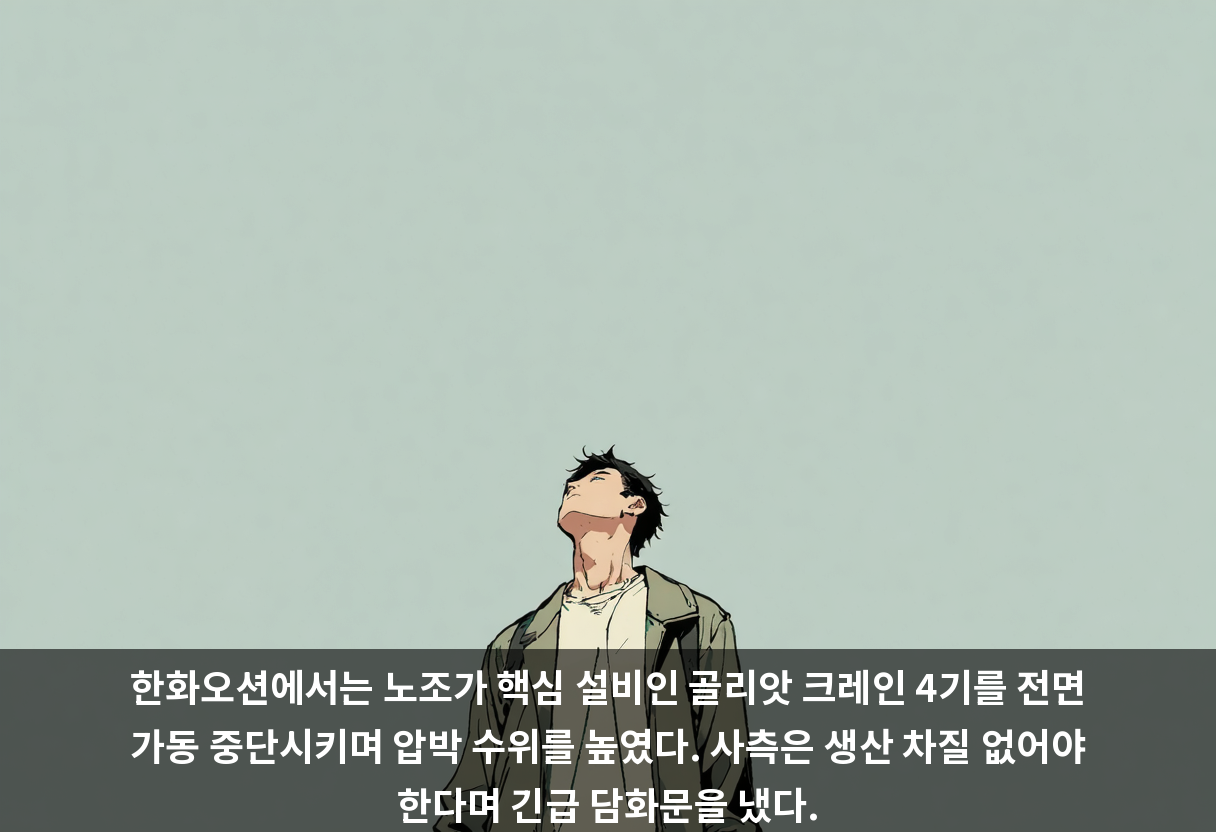 한화오션에서는 노조가 핵심 설비인 골리앗 크레인 4기를 전면 가동 중단시키며 압박 수위를 높였다. 사측은 생산 차질 없어야 한다며 긴급 담화문을 냈다.