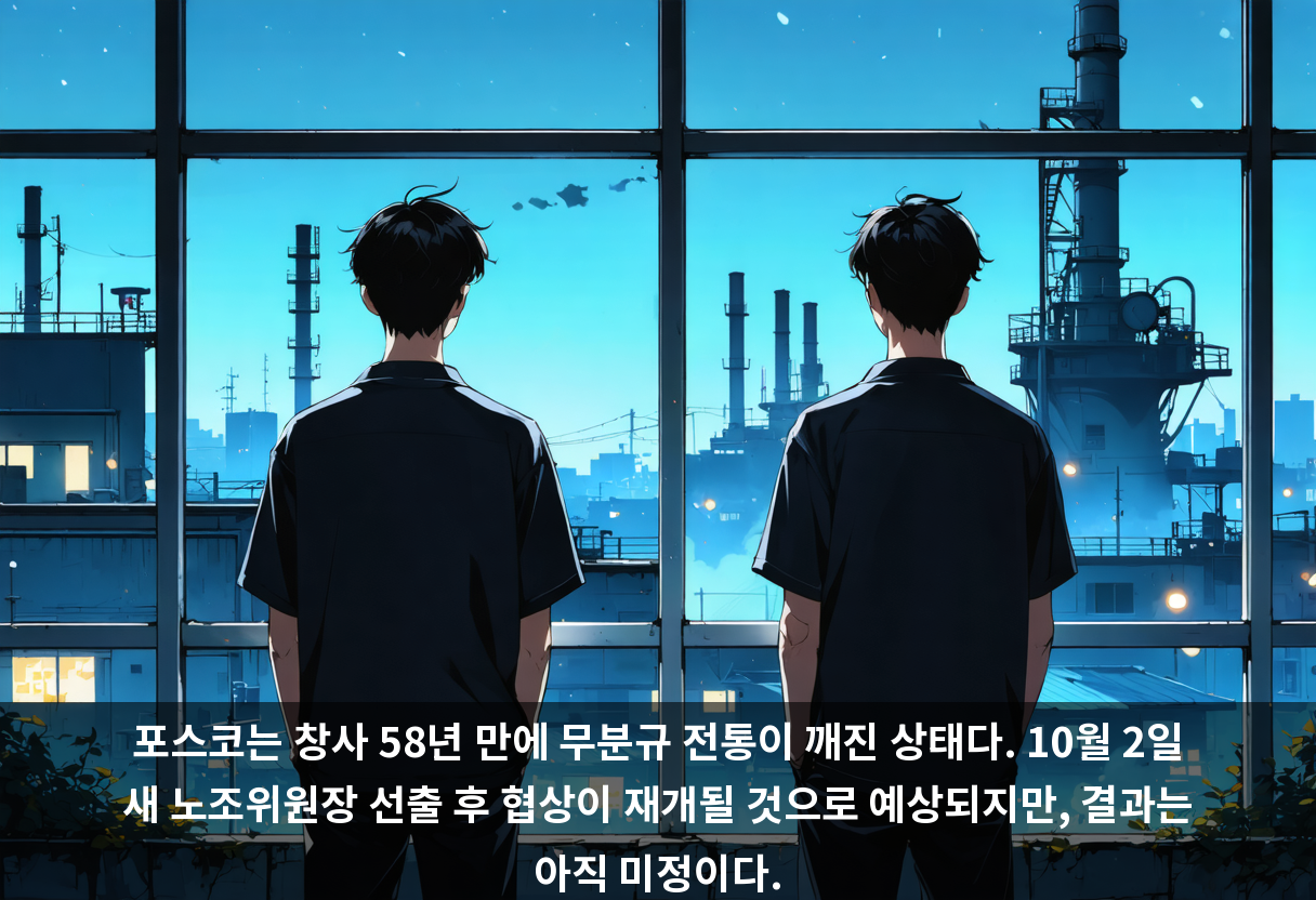 포스코는 창사 58년 만에 무분규 전통이 깨진 상태다. 10월 2일 새 노조위원장 선출 후 협상이 재개될 것으로 예상되지만, 결과는 아직 미정이다.