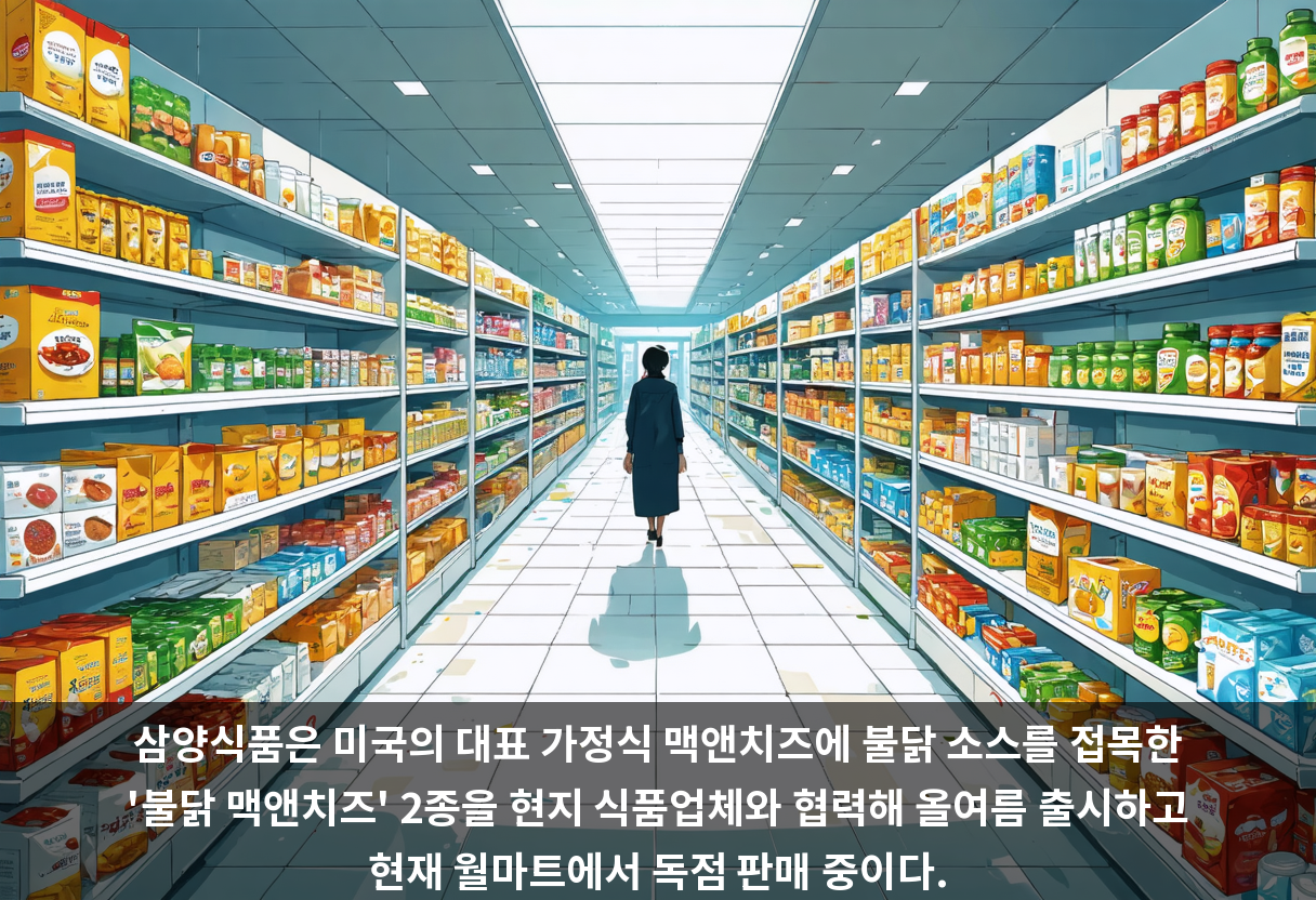 삼양식품은 미국의 대표 가정식 맥앤치즈에 불닭 소스를 접목한 '불닭 맥앤치즈' 2종을 현지 식품업체와 협력해 올여름 출시하고 현재 월마트에서 독점 판매 중이다.