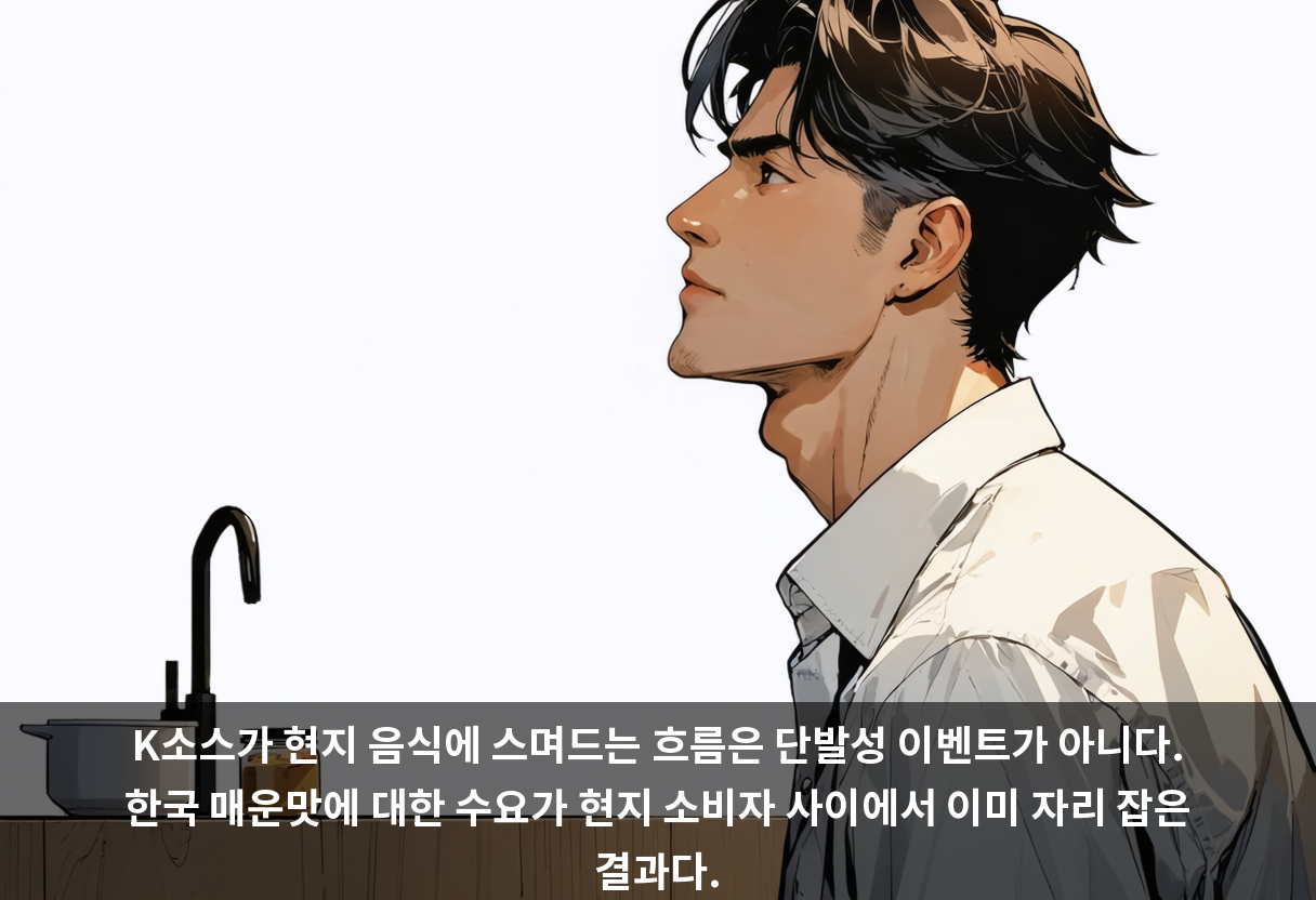 K소스가 현지 음식에 스며드는 흐름은 단발성 이벤트가 아니다. 한국 매운맛에 대한 수요가 현지 소비자 사이에서 이미 자리 잡은 결과다.