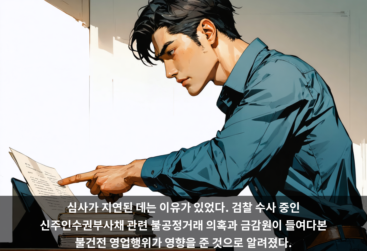 심사가 지연된 데는 이유가 있었다. 검찰 수사 중인 신주인수권부사채 관련 불공정거래 의혹과 금감원이 들여다본 불건전 영업행위가 영향을 준 것으로 알려졌다.