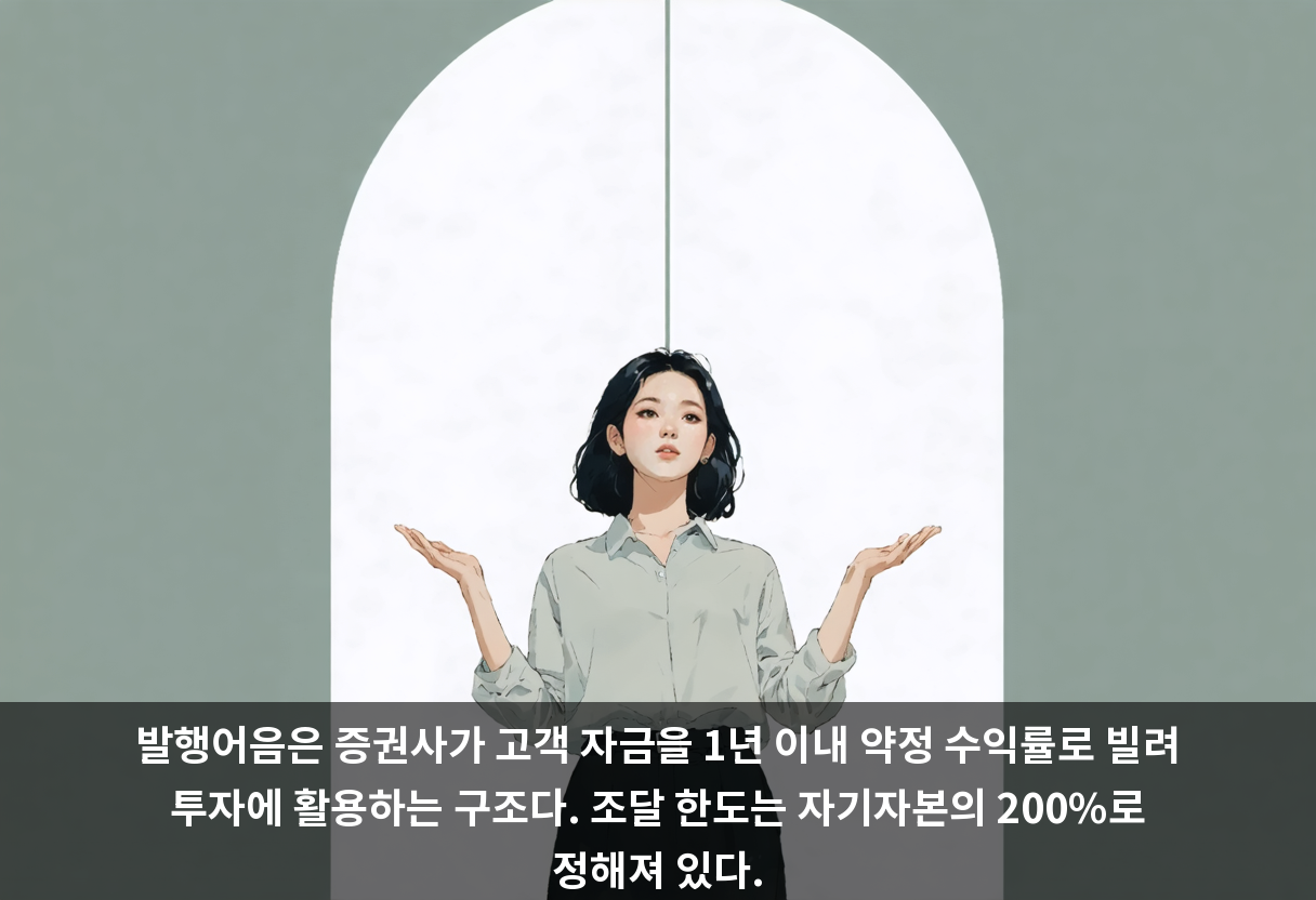 발행어음은 증권사가 고객 자금을 1년 이내 약정 수익률로 빌려 투자에 활용하는 구조다. 조달 한도는 자기자본의 200%로 정해져 있다.