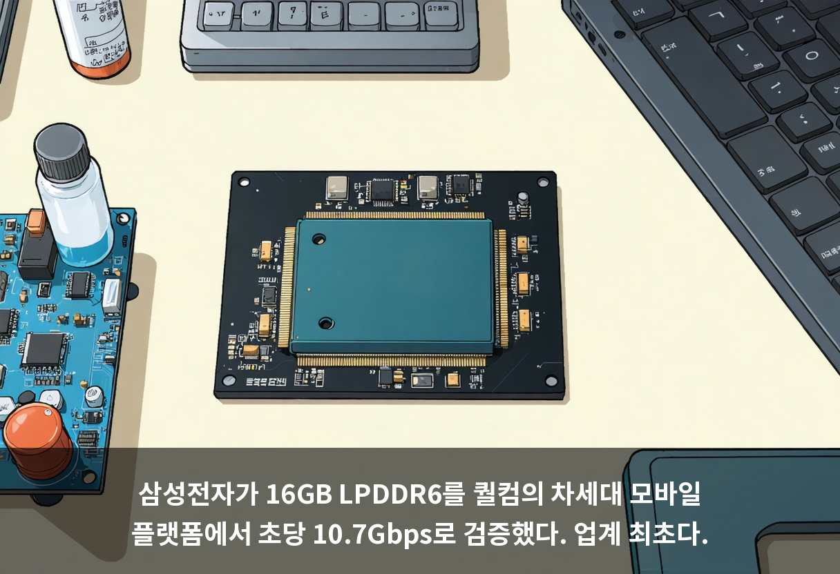 삼성전자가 16GB LPDDR6를 퀄컴의 차세대 모바일 플랫폼에서 초당 10.7Gbps로 검증했다. 업계 최초다.