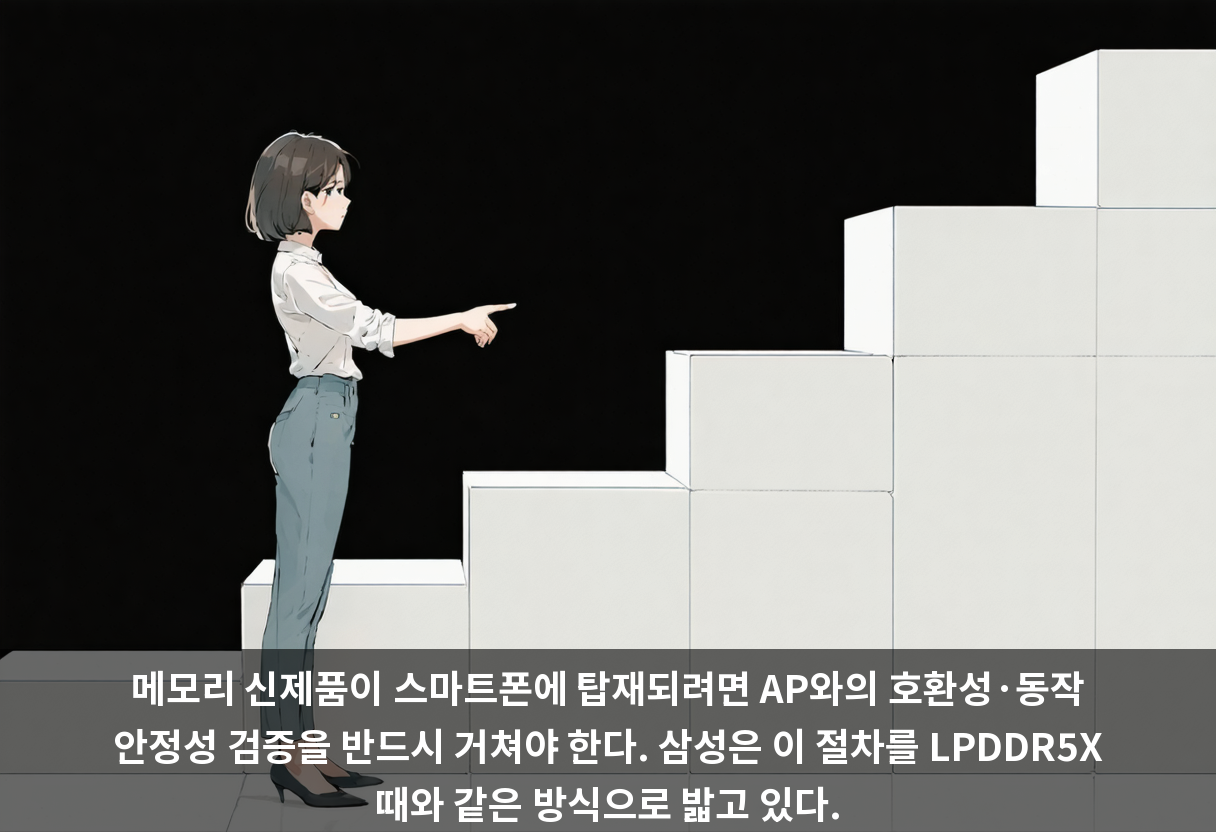 메모리 신제품이 스마트폰에 탑재되려면 AP와의 호환성·동작 안정성 검증을 반드시 거쳐야 한다. 삼성은 이 절차를 LPDDR5X 때와 같은 방식으로 밟고 있다.