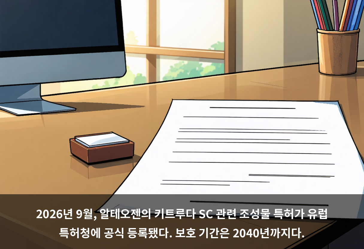 2026년 9월, 알테오젠의 키트루다 SC 관련 조성물 특허가 유럽 특허청에 공식 등록됐다. 보호 기간은 2040년까지다.