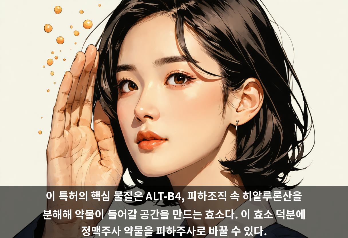 이 특허의 핵심 물질은 ALT-B4, 피하조직 속 히알루론산을 분해해 약물이 들어갈 공간을 만드는 효소다. 이 효소 덕분에 정맥주사 약물을 피하주사로 바꿀 수 있다.