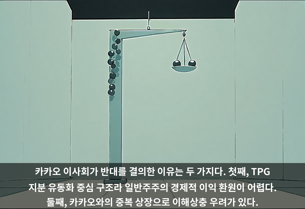 카카오 이사회가 반대를 결의한 이유는 두 가지다. 첫째, TPG 지분 유동화 중심 구조라 일반주주의 경제적 이익 환원이 어렵다. 둘째, 카카오와의 중복 상장으로 이해상충 우려가 있다.