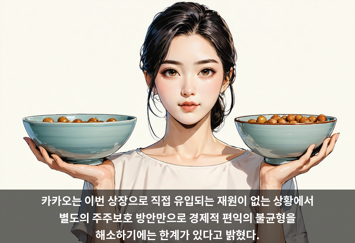 카카오는 이번 상장으로 직접 유입되는 재원이 없는 상황에서 별도의 주주보호 방안만으로 경제적 편익의 불균형을 해소하기에는 한계가 있다고 밝혔다.