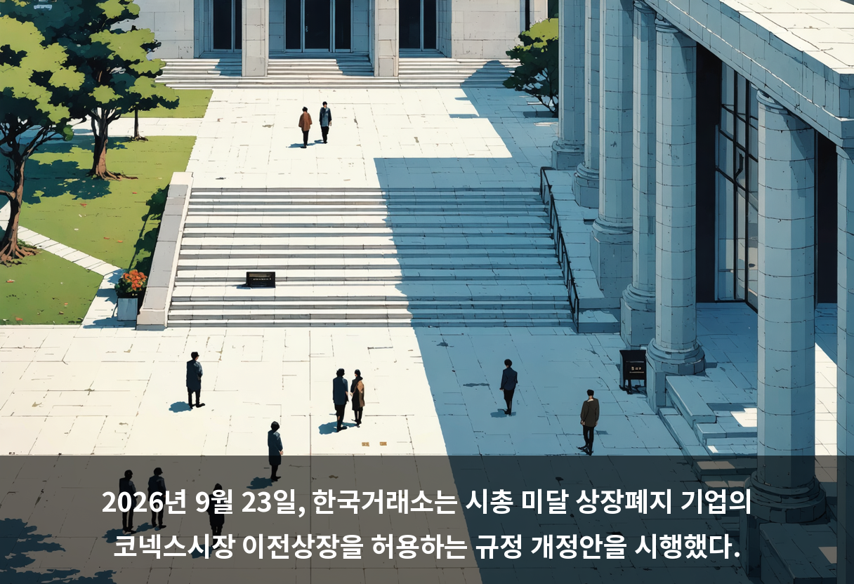 2026년 9월 23일, 한국거래소는 시총 미달 상장폐지 기업의 코넥스시장 이전상장을 허용하는 규정 개정안을 시행했다.