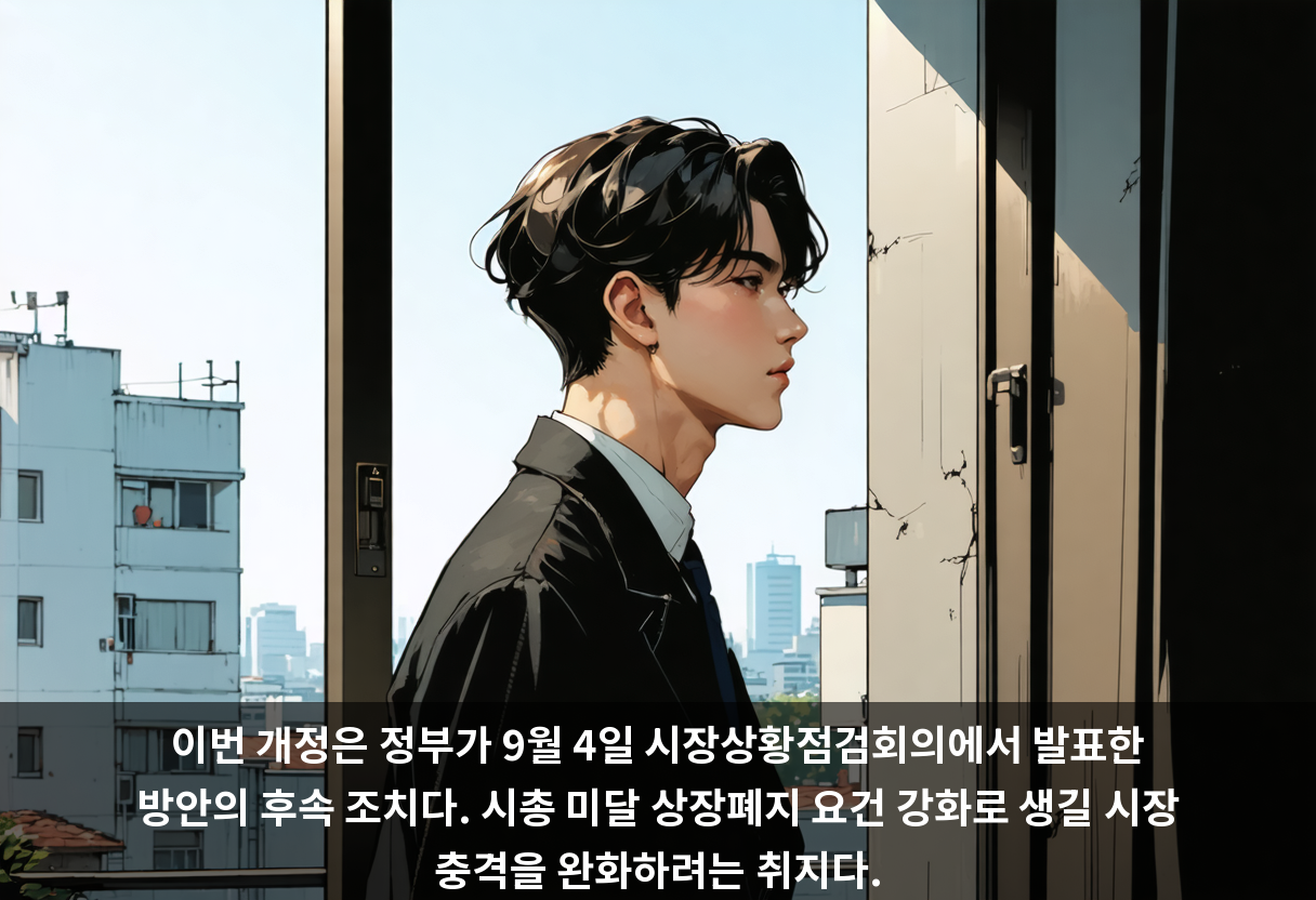 이번 개정은 정부가 9월 4일 시장상황점검회의에서 발표한 방안의 후속 조치다. 시총 미달 상장폐지 요건 강화로 생길 시장 충격을 완화하려는 취지다.