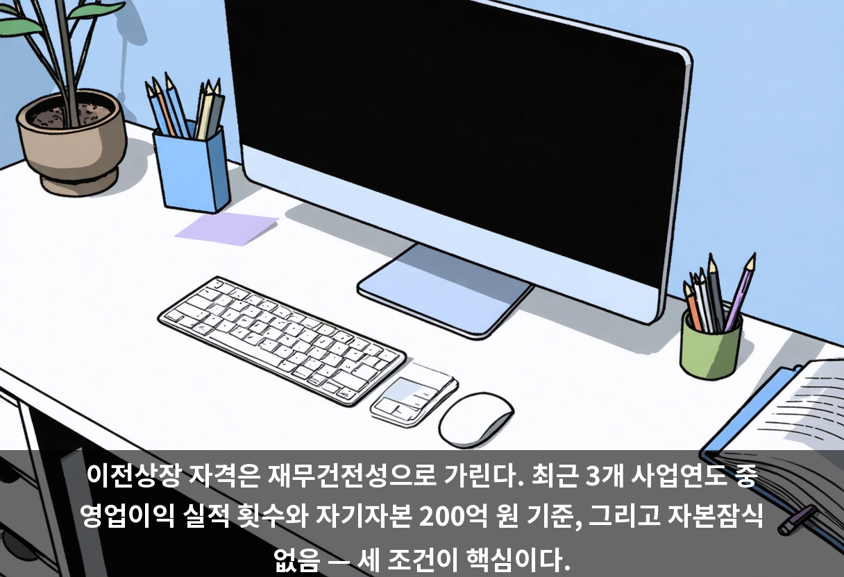 이전상장 자격은 재무건전성으로 가린다. 최근 3개 사업연도 중 영업이익 실적 횟수와 자기자본 200억 원 기준, 그리고 자본잠식 없음 — 세 조건이 핵심이다.