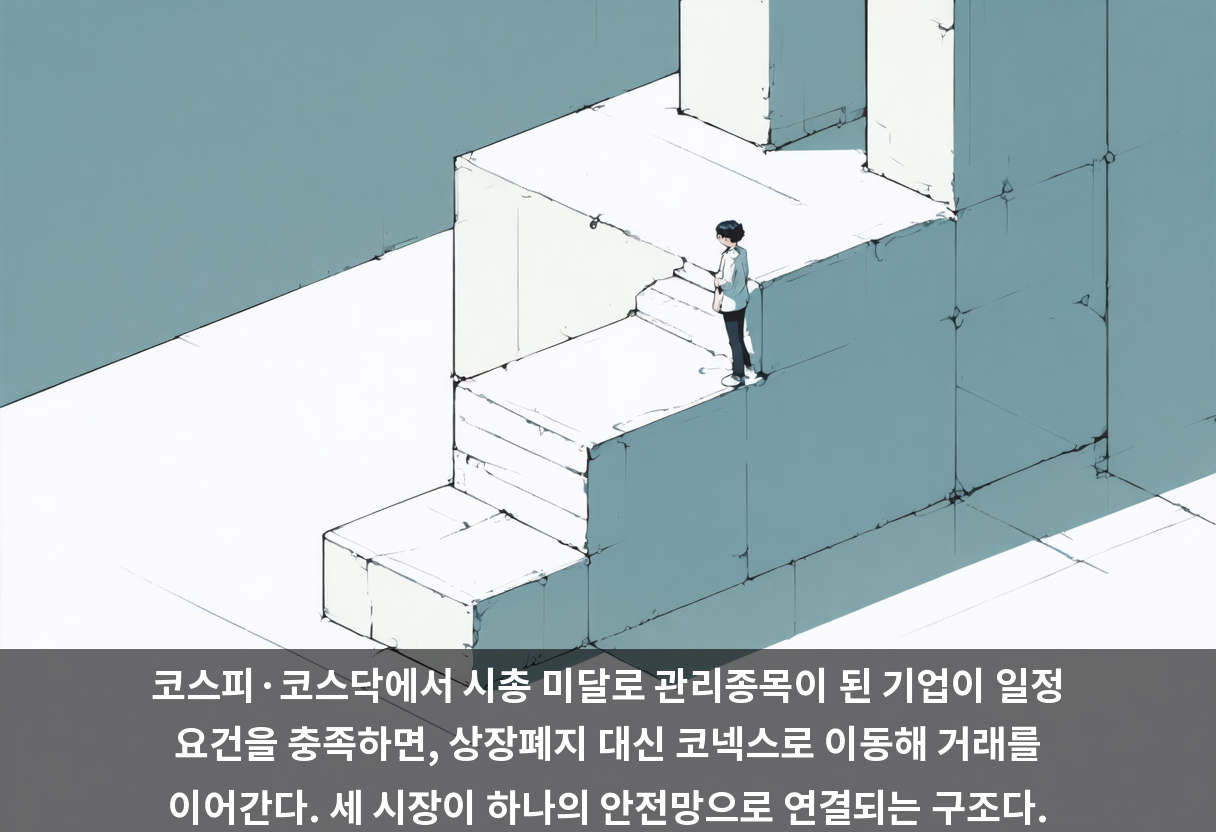 코스피·코스닥에서 시총 미달로 관리종목이 된 기업이 일정 요건을 충족하면, 상장폐지 대신 코넥스로 이동해 거래를 이어간다. 세 시장이 하나의 안전망으로 연결되는 구조다.