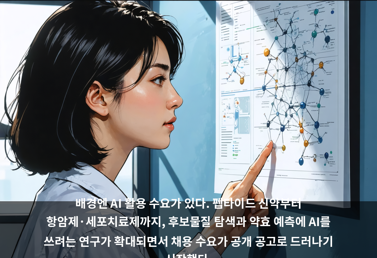 배경엔 AI 활용 수요가 있다. 펩타이드 신약부터 항암제·세포치료제까지, 후보물질 탐색과 약효 예측에 AI를 쓰려는 연구가 확대되면서 채용 수요가 공개 공고로 드러나기 시작했다.