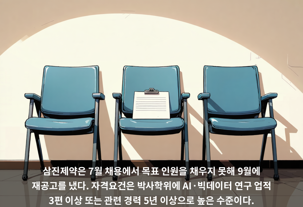 삼진제약은 7월 채용에서 목표 인원을 채우지 못해 9월에 재공고를 냈다. 자격요건은 박사학위에 AI·빅데이터 연구 업적 3편 이상 또는 관련 경력 5년 이상으로 높은 수준이다.