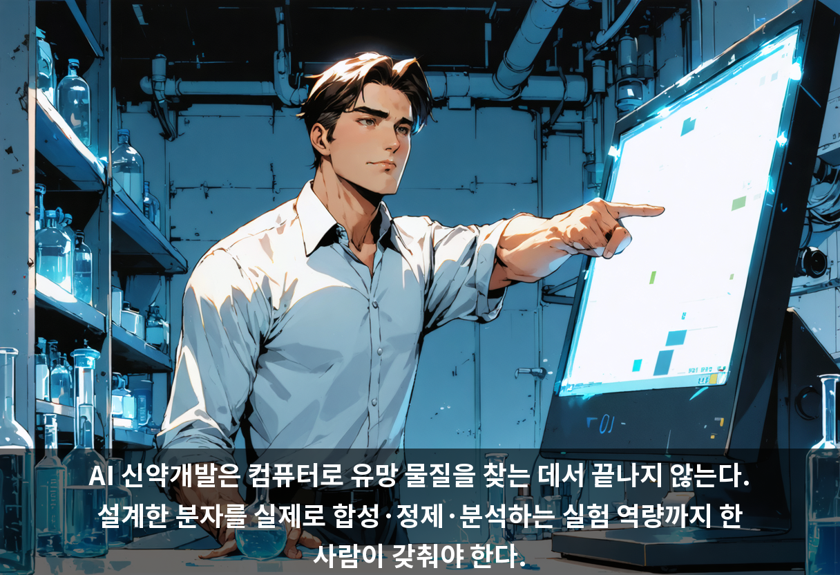 AI 신약개발은 컴퓨터로 유망 물질을 찾는 데서 끝나지 않는다. 설계한 분자를 실제로 합성·정제·분석하는 실험 역량까지 한 사람이 갖춰야 한다.