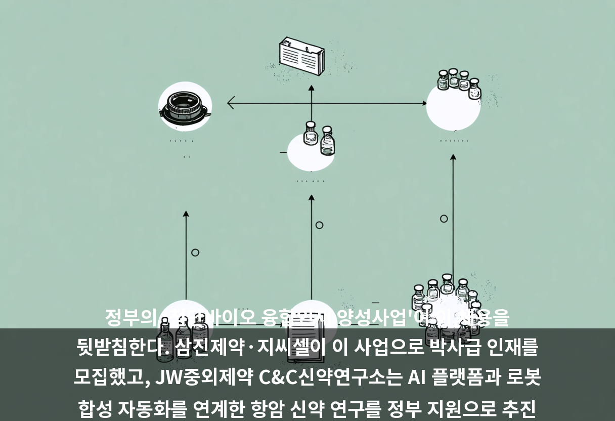 정부의 '첨단바이오 융합인재 양성사업'이 이 채용을 뒷받침한다. 삼진제약·지씨셀이 이 사업으로 박사급 인재를 모집했고, JW중외제약 C&C신약연구소는 AI 플랫폼과 로봇 합성 자동화를 연계한 항암 신약 연구를 정부 지원으로 추진 중이다.