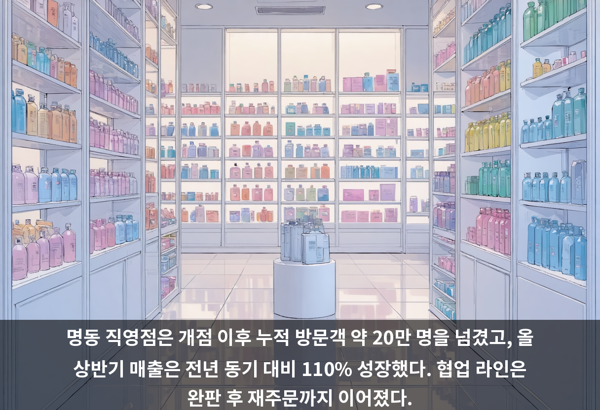 명동 직영점은 개점 이후 누적 방문객 약 20만 명을 넘겼고, 올 상반기 매출은 전년 동기 대비 110% 성장했다. 협업 라인은 완판 후 재주문까지 이어졌다.