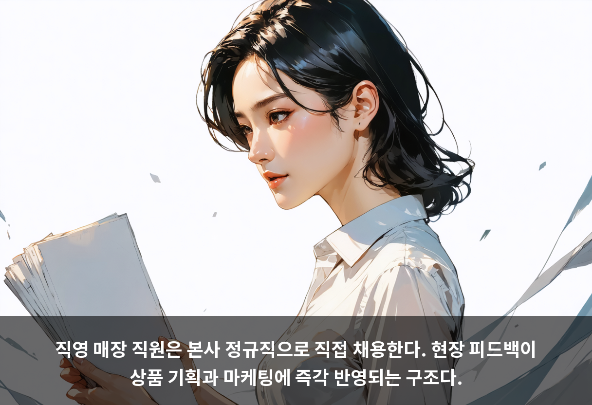 직영 매장 직원은 본사 정규직으로 직접 채용한다. 현장 피드백이 상품 기획과 마케팅에 즉각 반영되는 구조다.