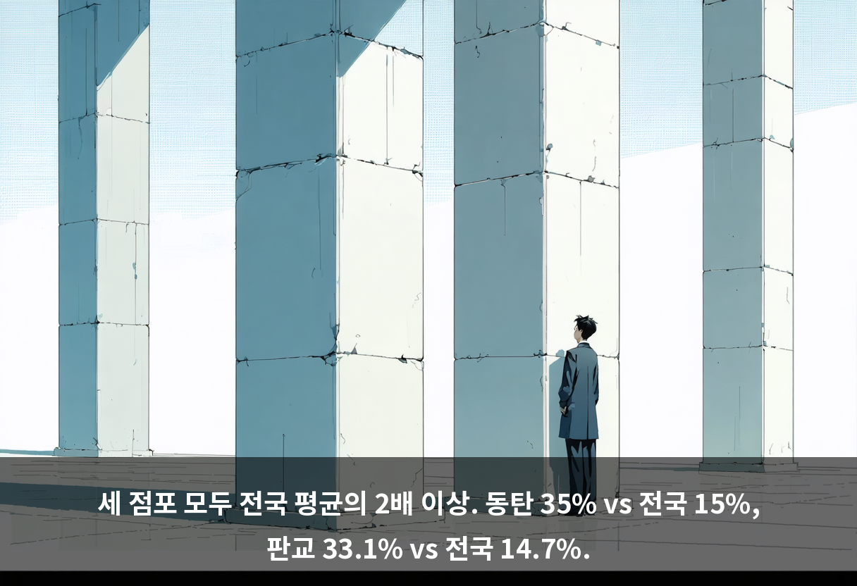 세 점포 모두 전국 평균의 2배 이상. 동탄 35% vs 전국 15%, 판교 33.1% vs 전국 14.7%.