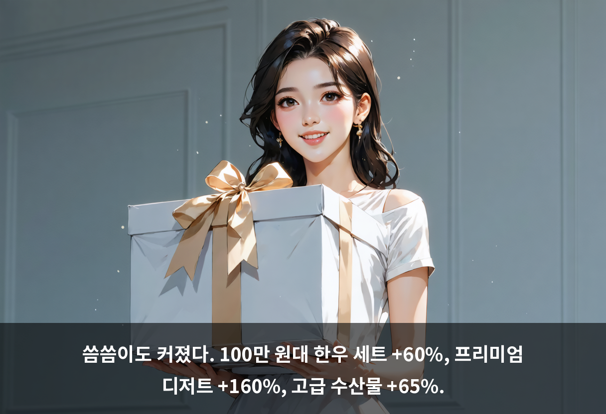 씀씀이도 커졌다. 100만 원대 한우 세트 +60%, 프리미엄 디저트 +160%, 고급 수산물 +65%.