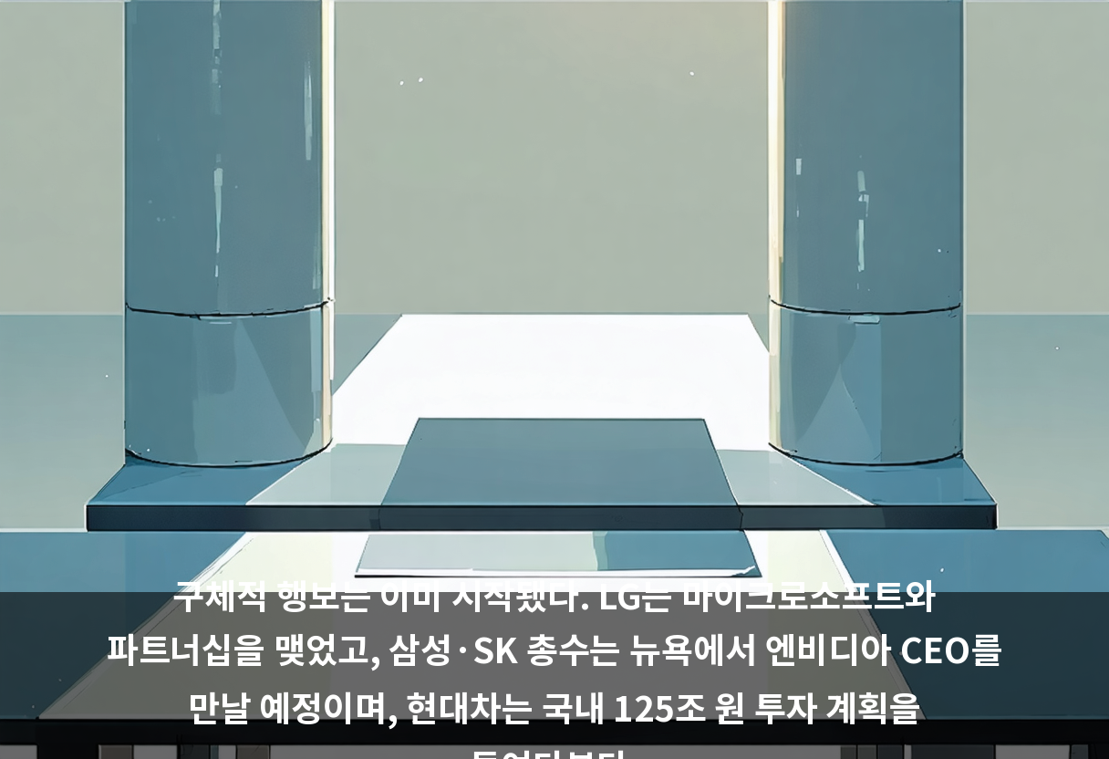 구체적 행보는 이미 시작됐다. LG는 마이크로소프트와 파트너십을 맺었고, 삼성·SK 총수는 뉴욕에서 엔비디아 CEO를 만날 예정이며, 현대차는 국내 125조 원 투자 계획을 들여다본다.