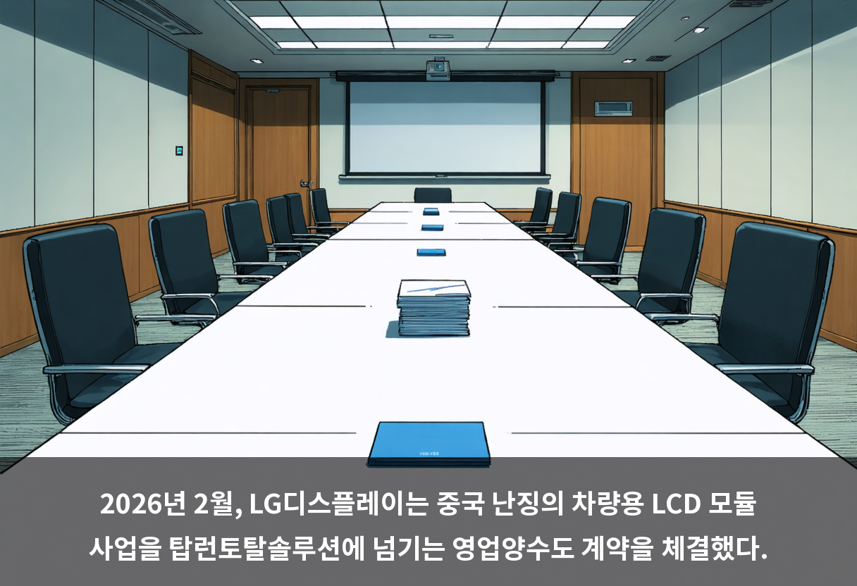 2026년 2월, LG디스플레이는 중국 난징의 차량용 LCD 모듈 사업을 탑런토탈솔루션에 넘기는 영업양수도 계약을 체결했다.