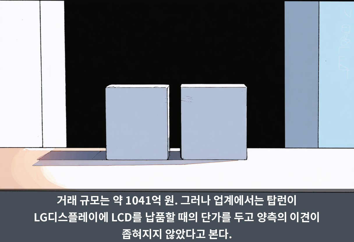 거래 규모는 약 1041억 원. 그러나 업계에서는 탑런이 LG디스플레이에 LCD를 납품할 때의 단가를 두고 양측의 이견이 좁혀지지 않았다고 본다.