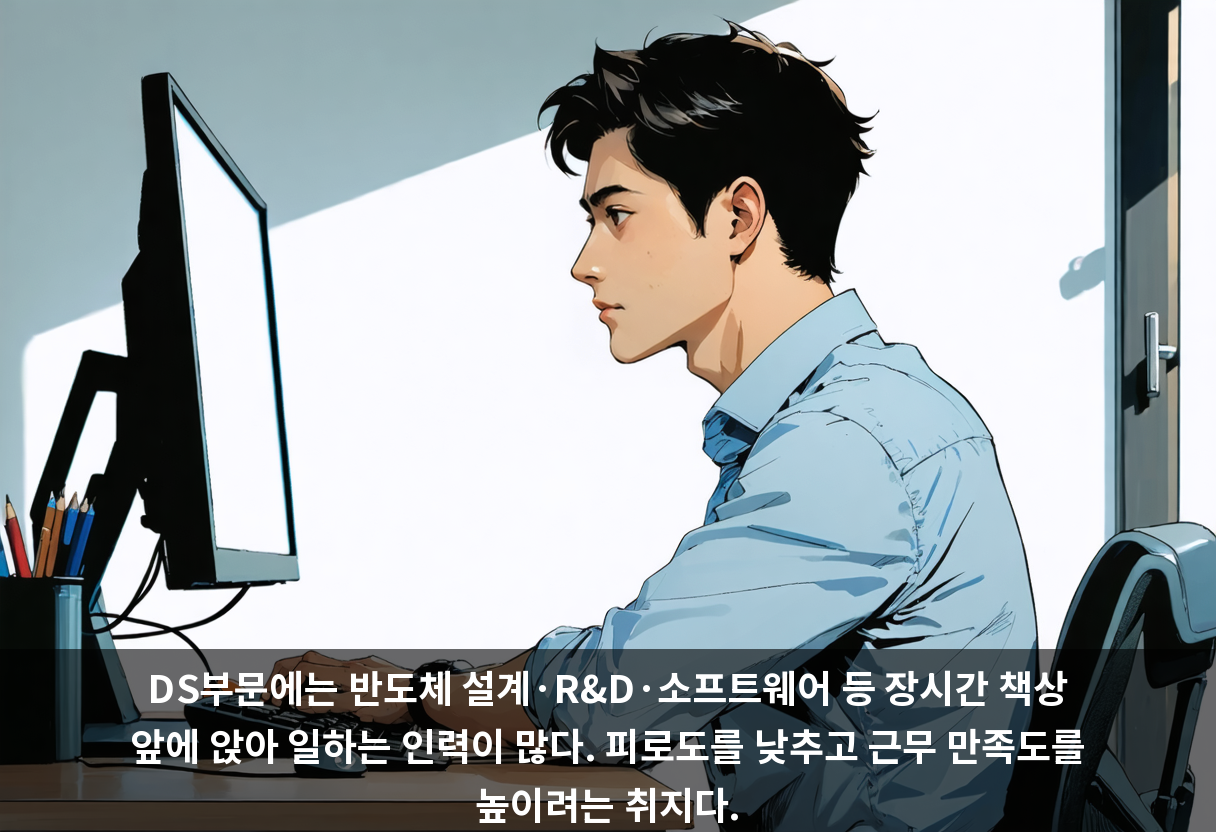 DS부문에는 반도체 설계·R&D·소프트웨어 등 장시간 책상 앞에 앉아 일하는 인력이 많다. 피로도를 낮추고 근무 만족도를 높이려는 취지다.