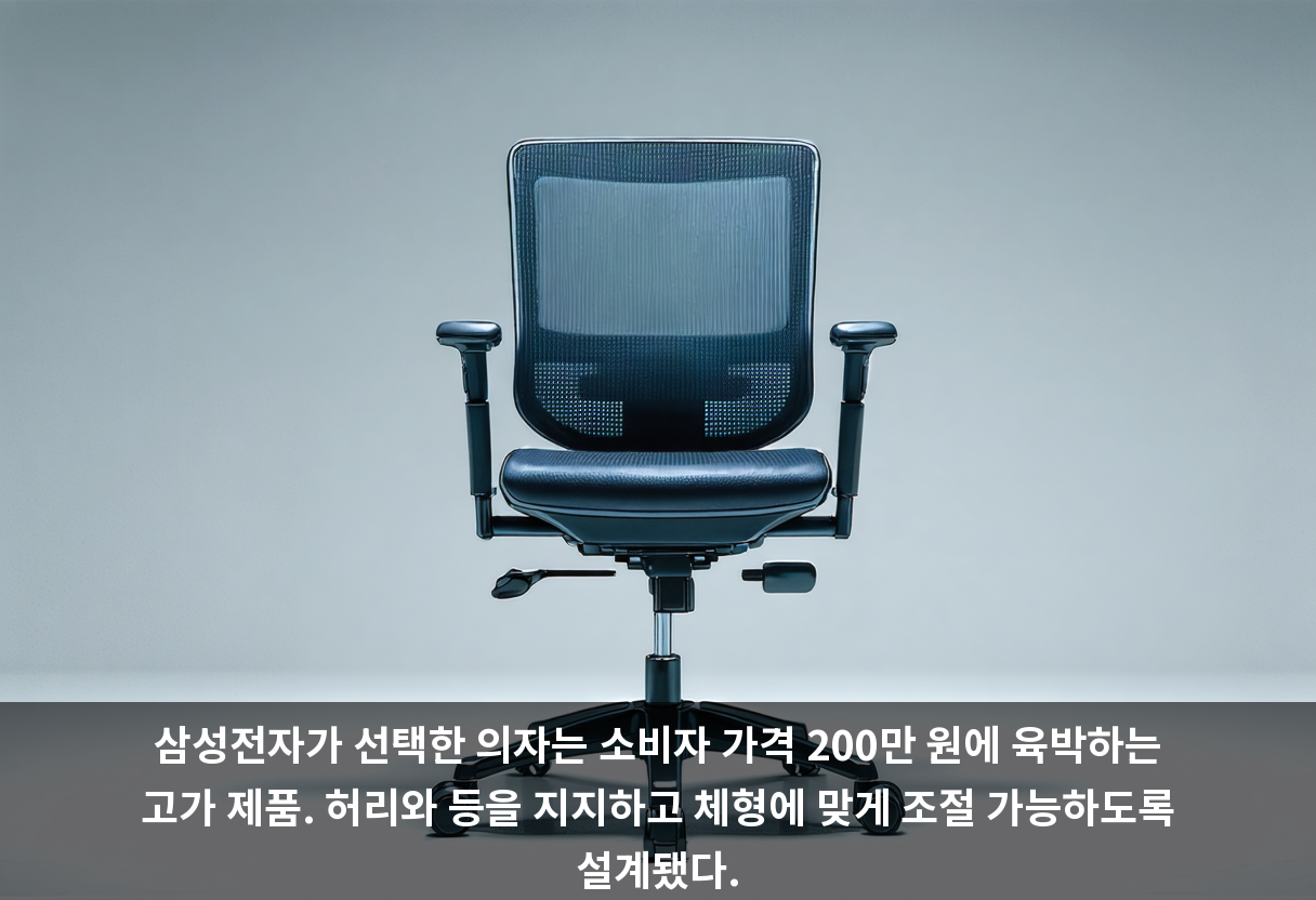 삼성전자가 선택한 의자는 소비자 가격 200만 원에 육박하는 고가 제품. 허리와 등을 지지하고 체형에 맞게 조절 가능하도록 설계됐다.