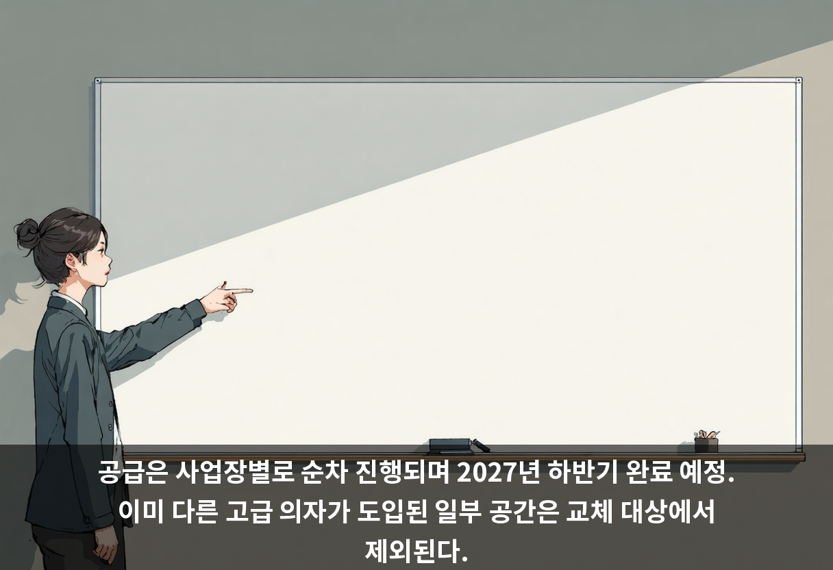 공급은 사업장별로 순차 진행되며 2027년 하반기 완료 예정. 이미 다른 고급 의자가 도입된 일부 공간은 교체 대상에서 제외된다.