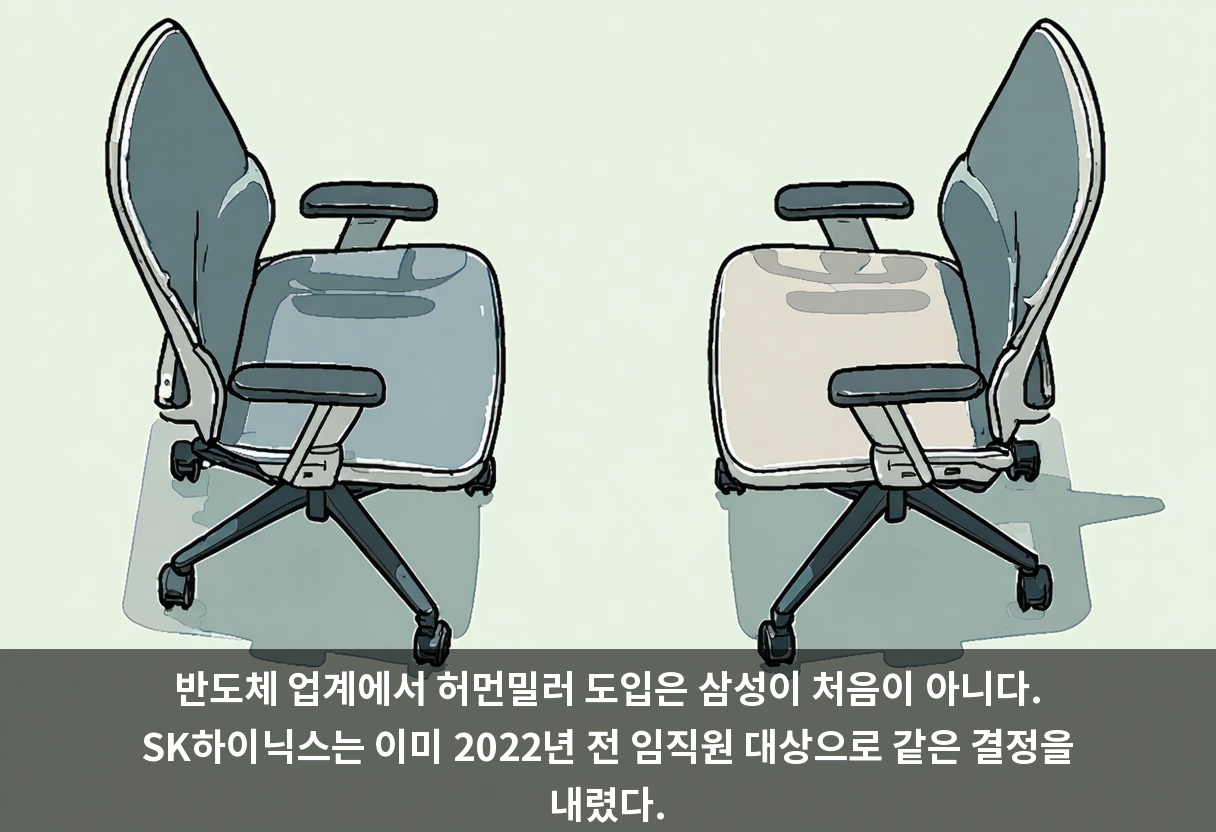 반도체 업계에서 허먼밀러 도입은 삼성이 처음이 아니다. SK하이닉스는 이미 2022년 전 임직원 대상으로 같은 결정을 내렸다.