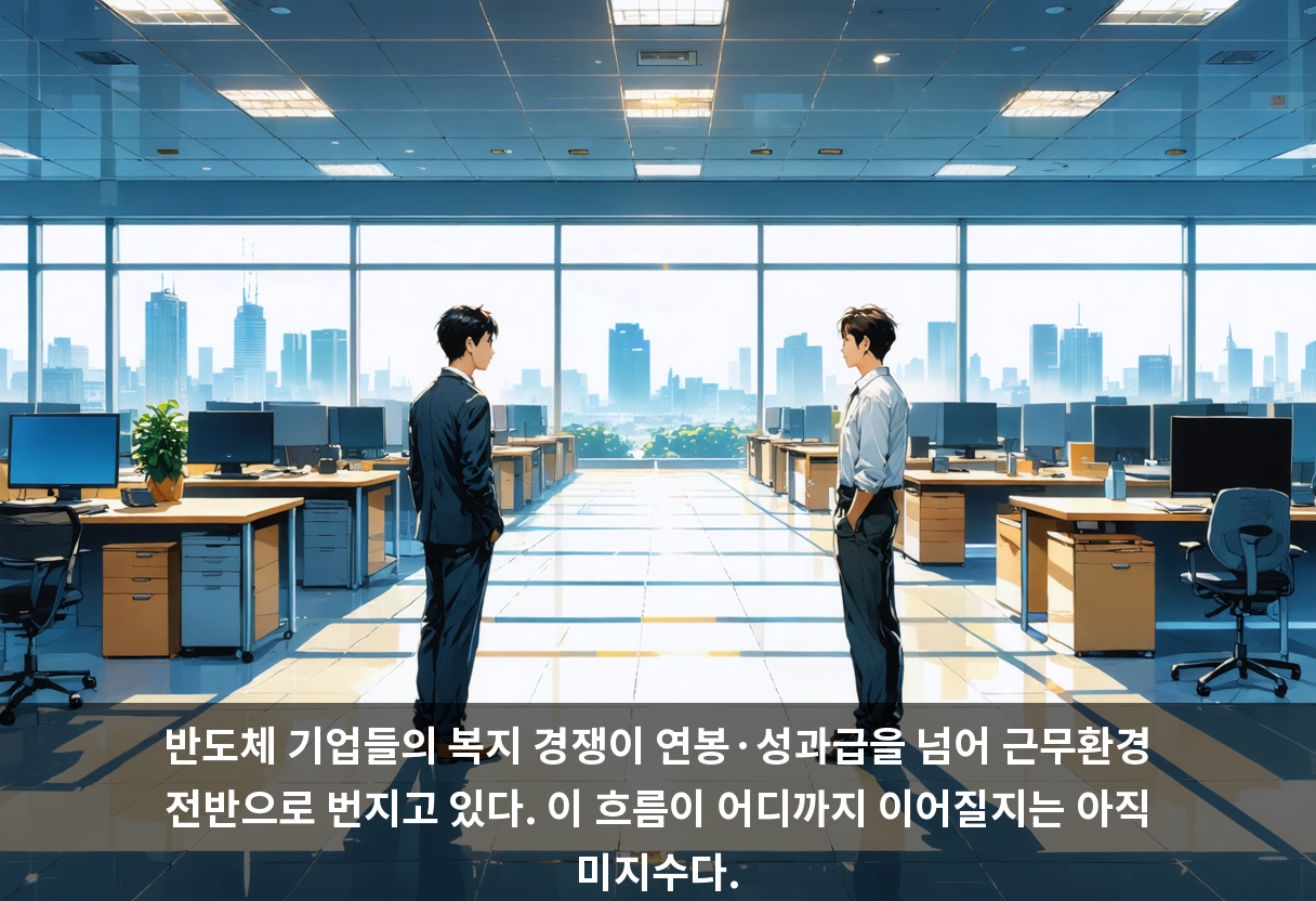 반도체 기업들의 복지 경쟁이 연봉·성과급을 넘어 근무환경 전반으로 번지고 있다. 이 흐름이 어디까지 이어질지는 아직 미지수다.