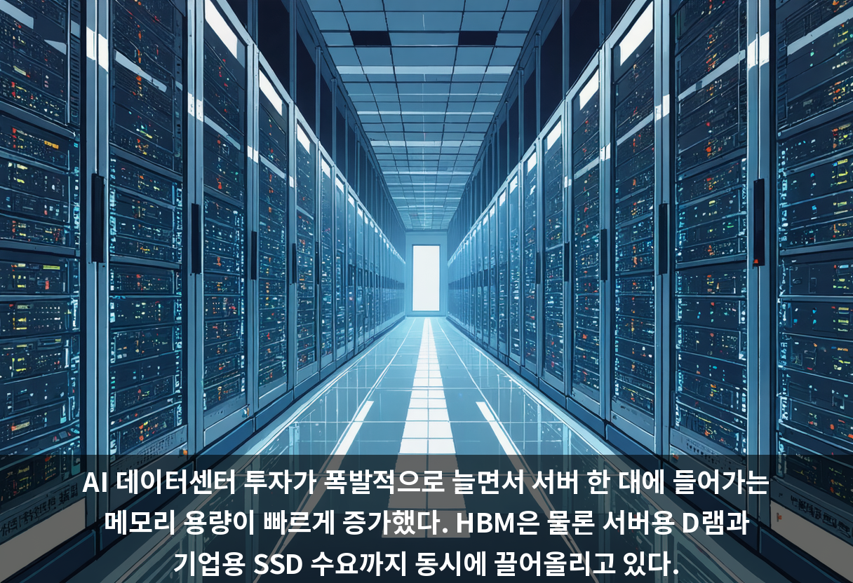 AI 데이터센터 투자가 폭발적으로 늘면서 서버 한 대에 들어가는 메모리 용량이 빠르게 증가했다. HBM은 물론 서버용 D램과 기업용 SSD 수요까지 동시에 끌어올리고 있다.