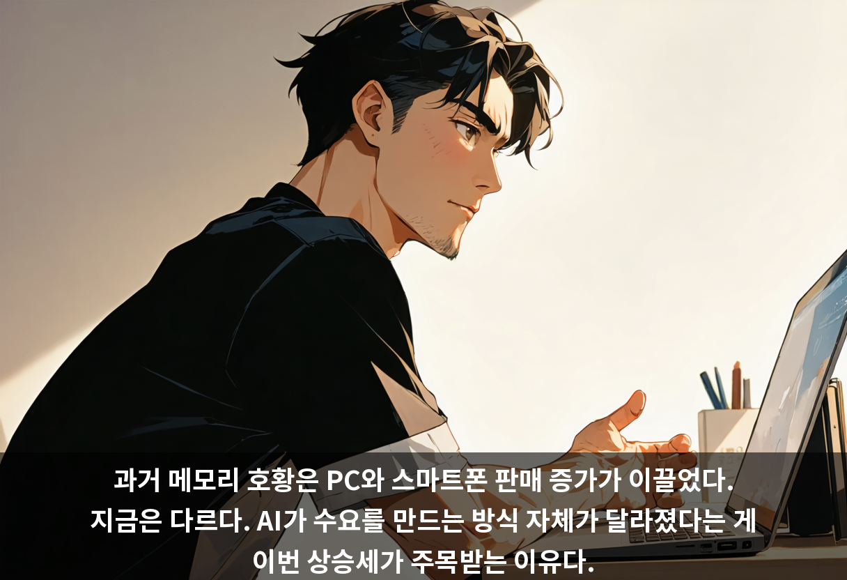 과거 메모리 호황은 PC와 스마트폰 판매 증가가 이끌었다. 지금은 다르다. AI가 수요를 만드는 방식 자체가 달라졌다는 게 이번 상승세가 주목받는 이유다.