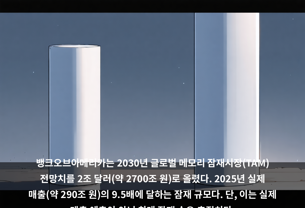 뱅크오브아메리카는 2030년 글로벌 메모리 잠재시장(TAM) 전망치를 2조 달러(약 2700조 원)로 올렸다. 2025년 실제 매출(약 290조 원)의 9.5배에 달하는 잠재 규모다. 단, 이는 실제 매출 예측이 아닌 최대 잠재 수요 추정치다.