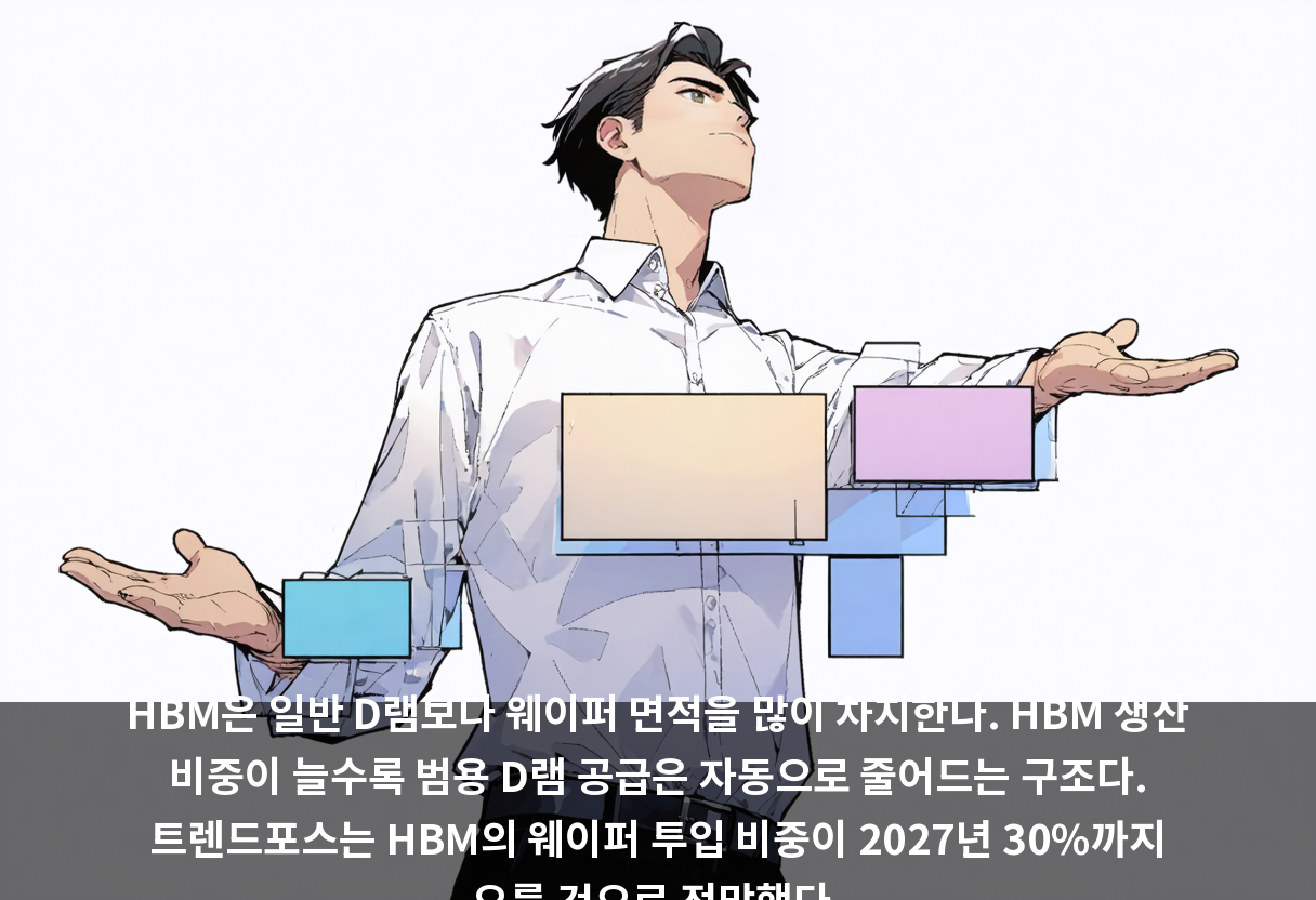HBM은 일반 D램보다 웨이퍼 면적을 많이 차지한다. HBM 생산 비중이 늘수록 범용 D램 공급은 자동으로 줄어드는 구조다. 트렌드포스는 HBM의 웨이퍼 투입 비중이 2027년 30%까지 오를 것으로 전망했다.