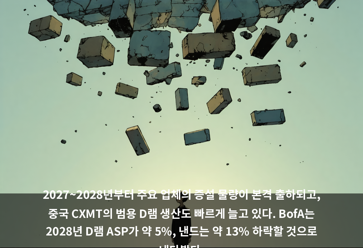 2027~2028년부터 주요 업체의 증설 물량이 본격 출하되고, 중국 CXMT의 범용 D램 생산도 빠르게 늘고 있다. BofA는 2028년 D램 ASP가 약 5%, 낸드는 약 13% 하락할 것으로 내다봤다.