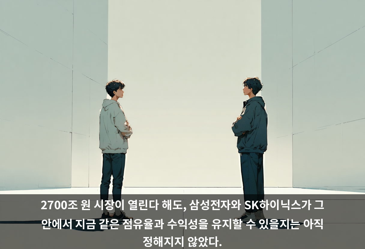 2700조 원 시장이 열린다 해도, 삼성전자와 SK하이닉스가 그 안에서 지금 같은 점유율과 수익성을 유지할 수 있을지는 아직 정해지지 않았다.