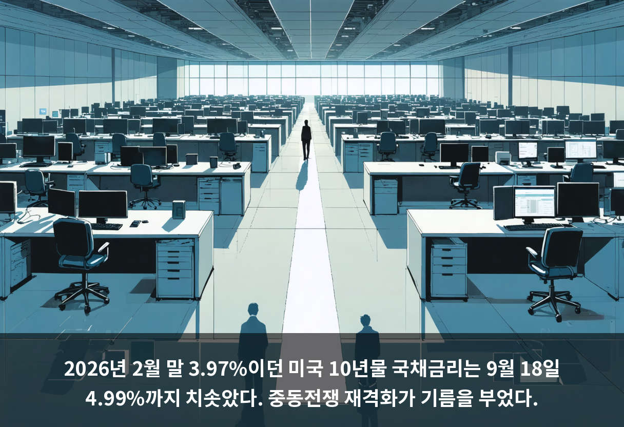2026년 2월 말 3.97%이던 미국 10년물 국채금리는 9월 18일 4.99%까지 치솟았다. 중동전쟁 재격화가 기름을 부었다.