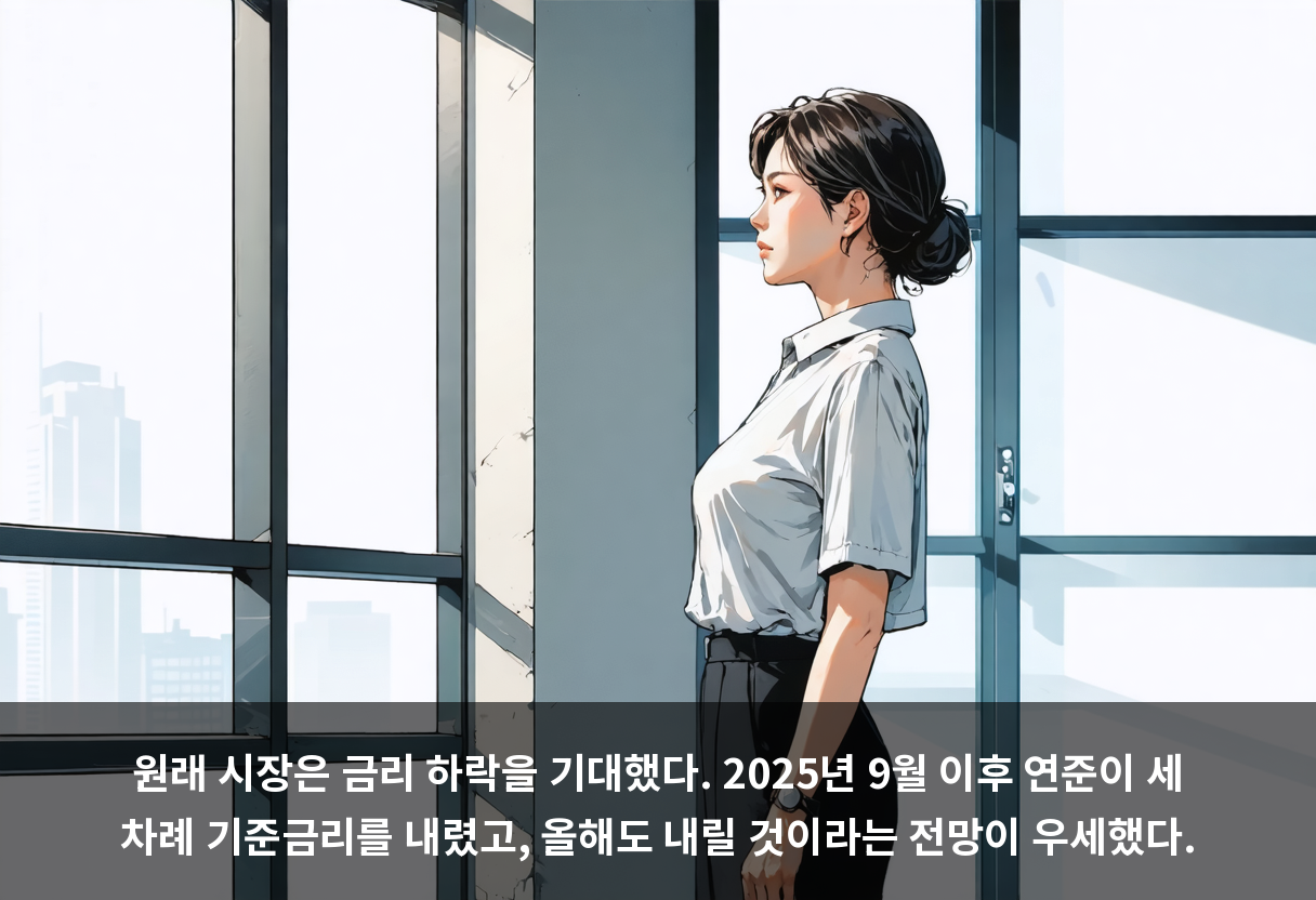 원래 시장은 금리 하락을 기대했다. 2025년 9월 이후 연준이 세 차례 기준금리를 내렸고, 올해도 내릴 것이라는 전망이 우세했다.