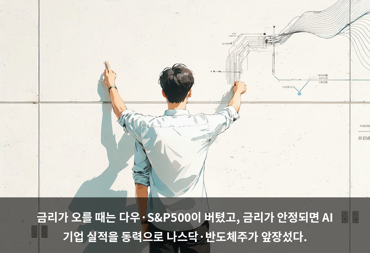 금리가 오를 때는 다우·S&P500이 버텼고, 금리가 안정되면 AI 기업 실적을 동력으로 나스닥·반도체주가 앞장섰다.