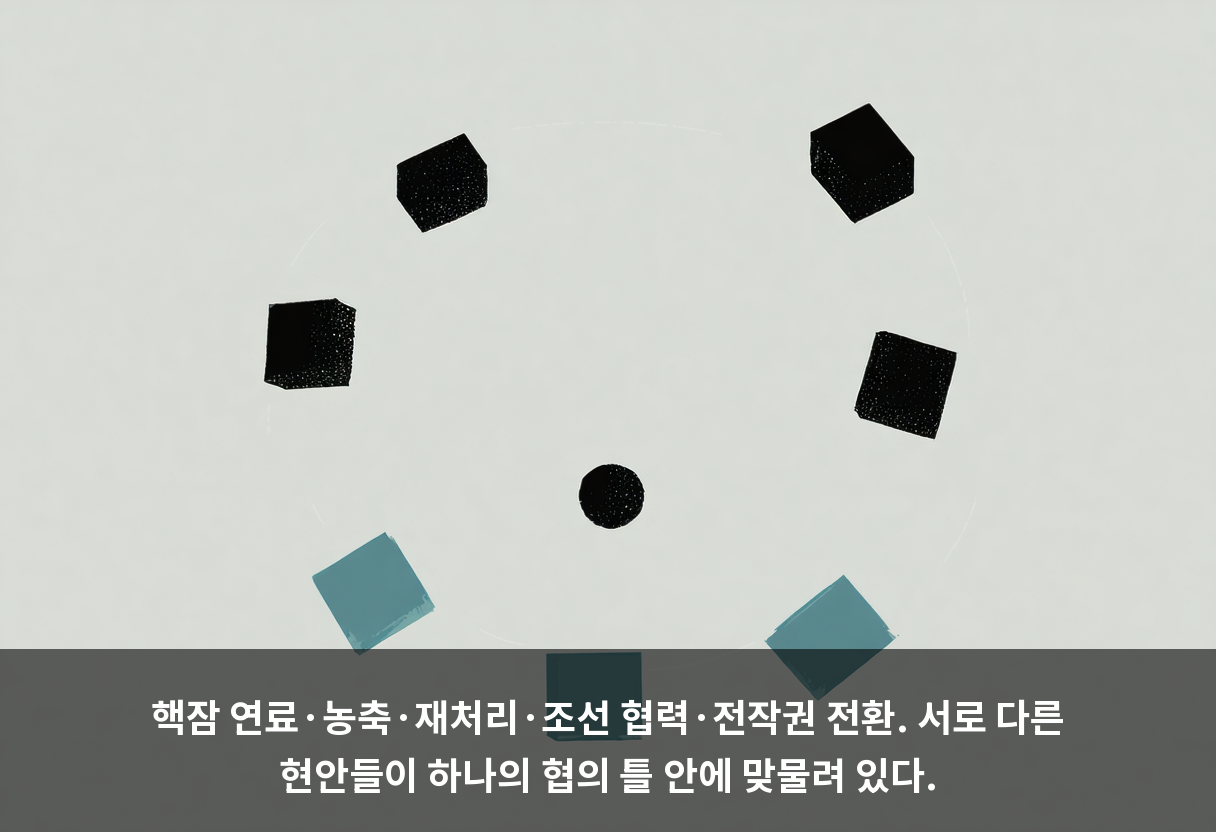 핵잠 연료·농축·재처리·조선 협력·전작권 전환. 서로 다른 현안들이 하나의 협의 틀 안에 맞물려 있다.