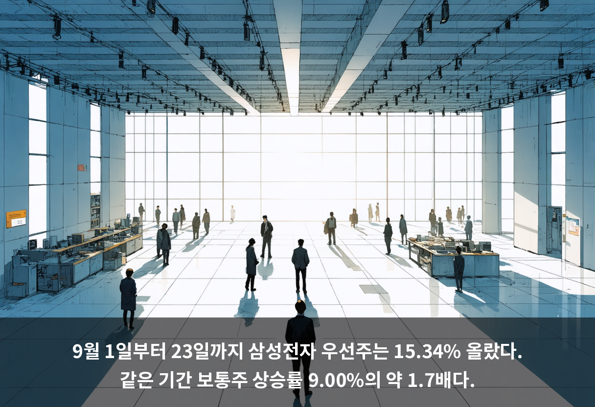 9월 1일부터 23일까지 삼성전자 우선주는 15.34% 올랐다. 같은 기간 보통주 상승률 9.00%의 약 1.7배다.