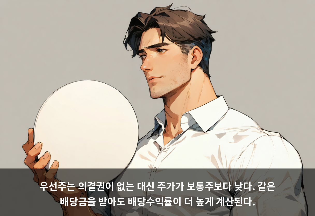 우선주는 의결권이 없는 대신 주가가 보통주보다 낮다. 같은 배당금을 받아도 배당수익률이 더 높게 계산된다.
