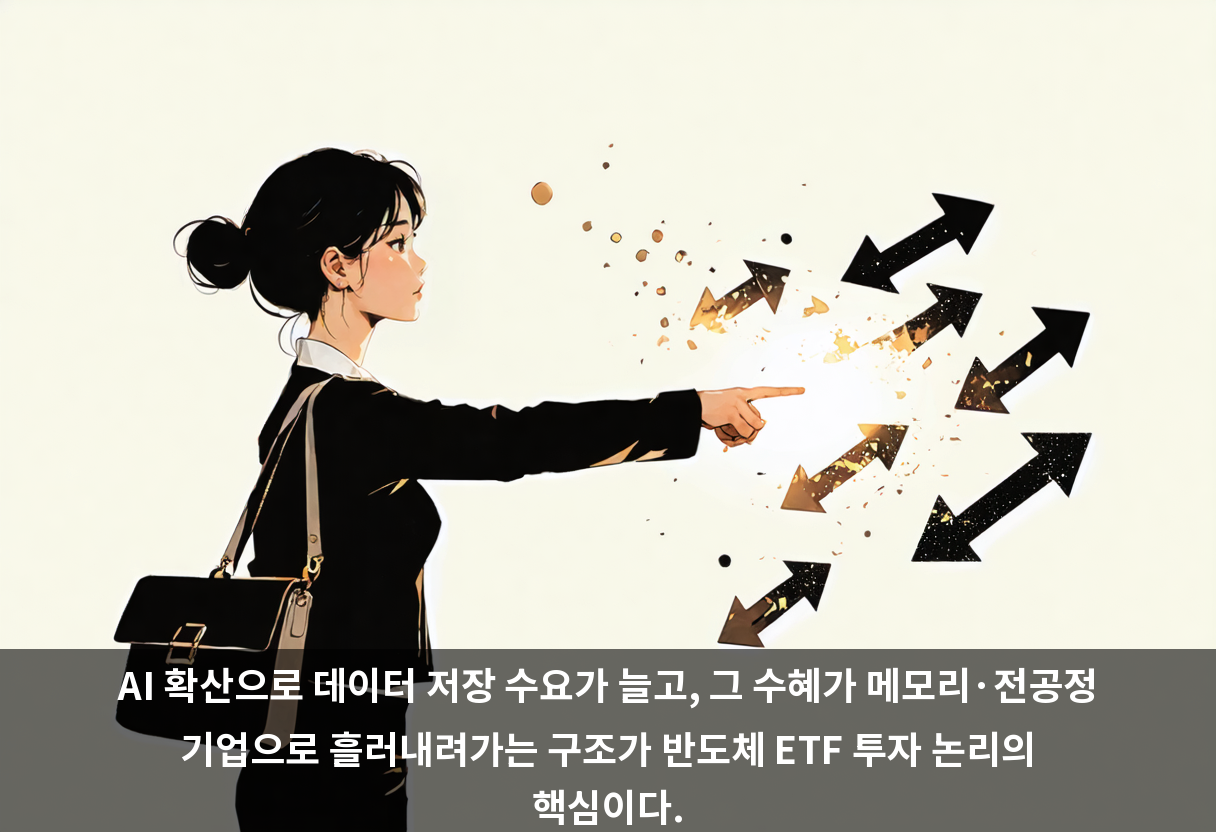 AI 확산으로 데이터 저장 수요가 늘고, 그 수혜가 메모리·전공정 기업으로 흘러내려가는 구조가 반도체 ETF 투자 논리의 핵심이다.