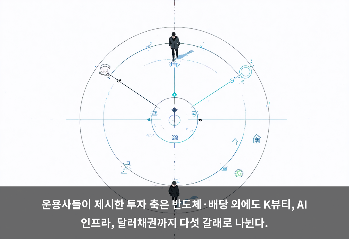 운용사들이 제시한 투자 축은 반도체·배당 외에도 K뷰티, AI 인프라, 달러채권까지 다섯 갈래로 나뉜다.