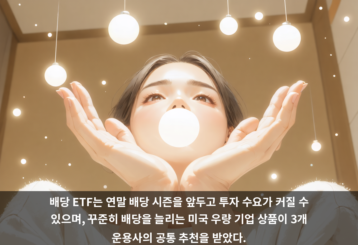 배당 ETF는 연말 배당 시즌을 앞두고 투자 수요가 커질 수 있으며, 꾸준히 배당을 늘리는 미국 우량 기업 상품이 3개 운용사의 공통 추천을 받았다.
